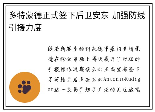 多特蒙德正式签下后卫安东 加强防线引援力度